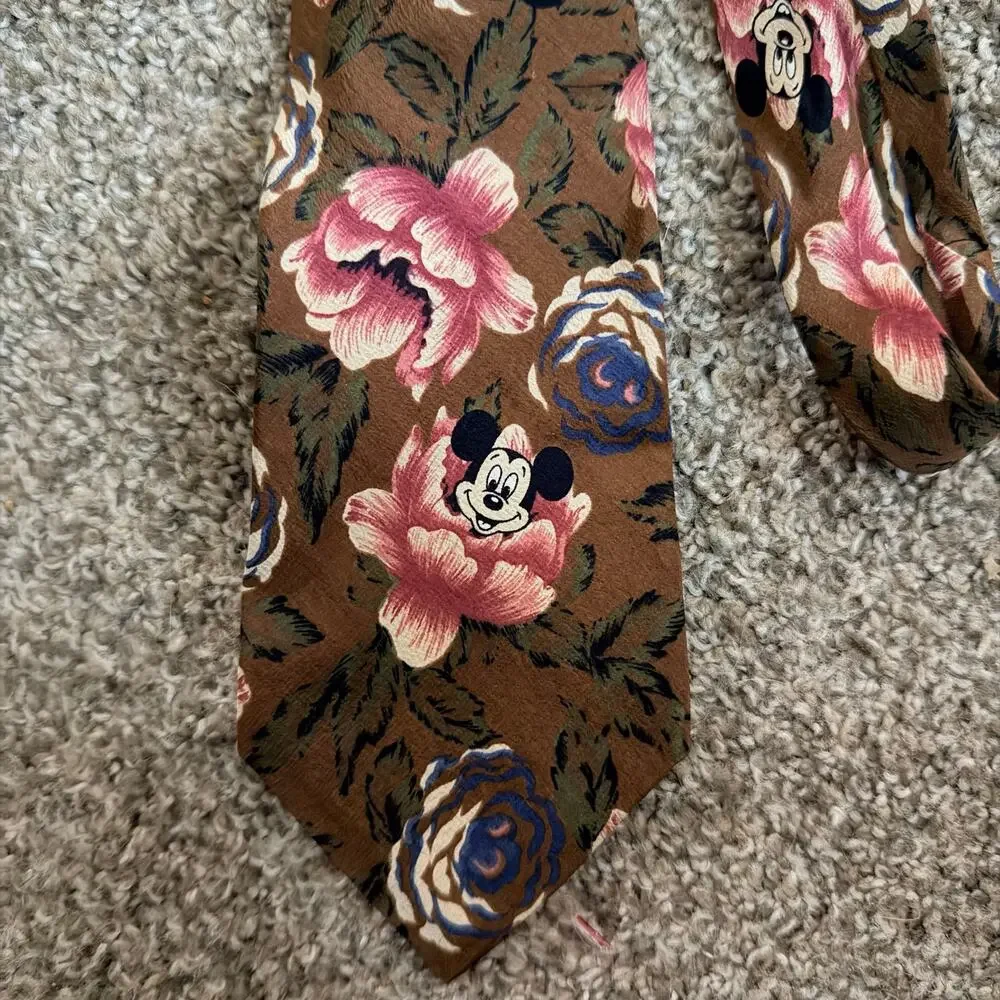 Vintage Walt Disney Mickey Mouse Floral Men's Silk Neck Tie Brown
